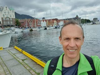 Selfie with Bergen's Bryggen in the background